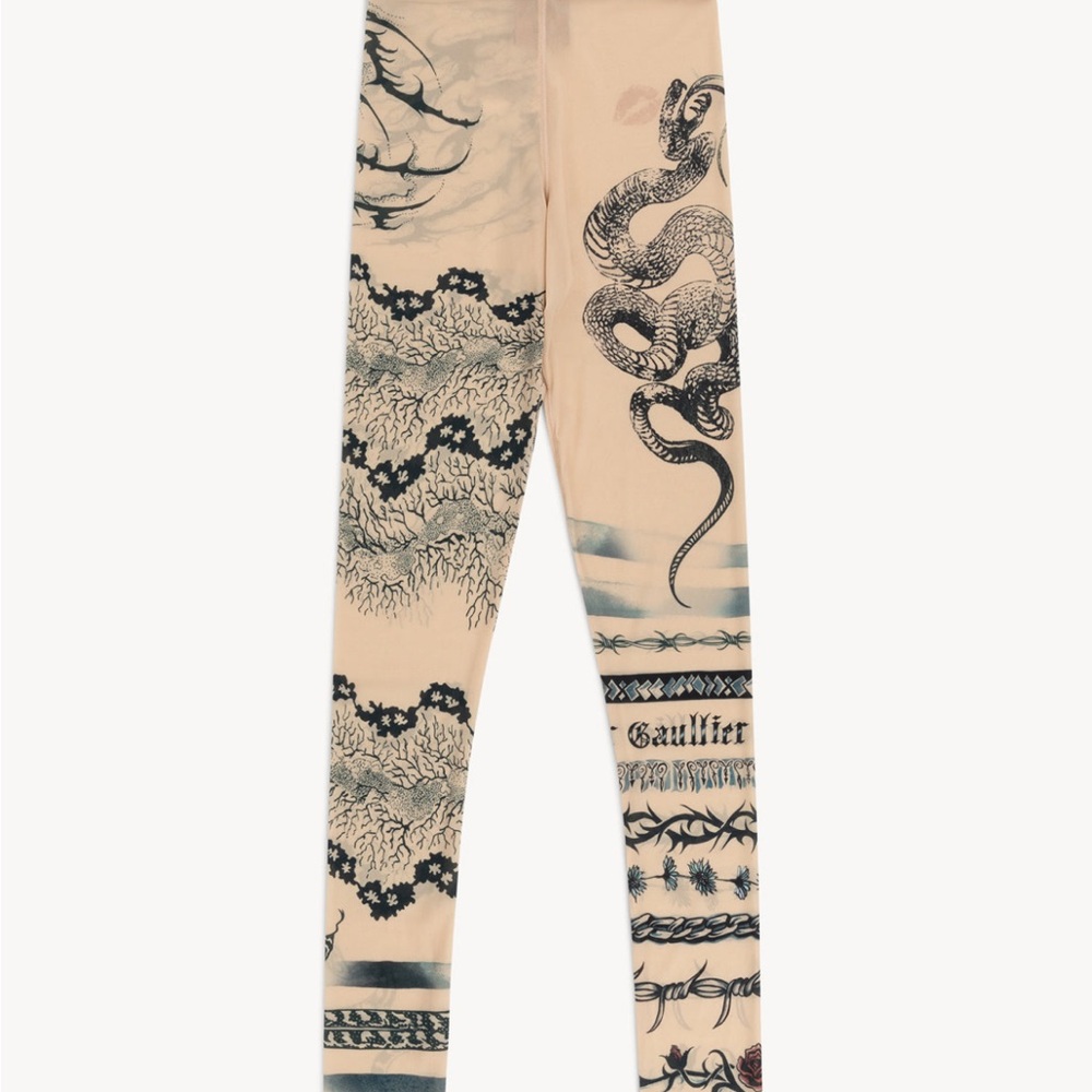 NEW JEAN PAUL GAULTIER Beige KNWLS Edition Printed Mesh Leggings